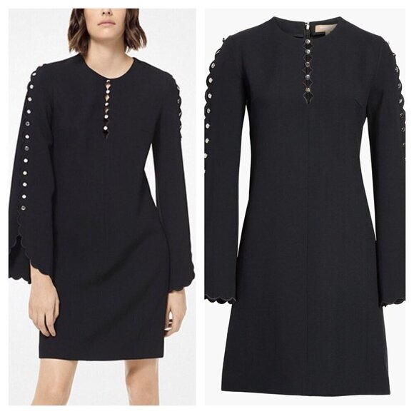 Michael Kors Scallop Button Detail Double Crepe Sable Shift Dress Black Size 12 - Picture 1 of 8